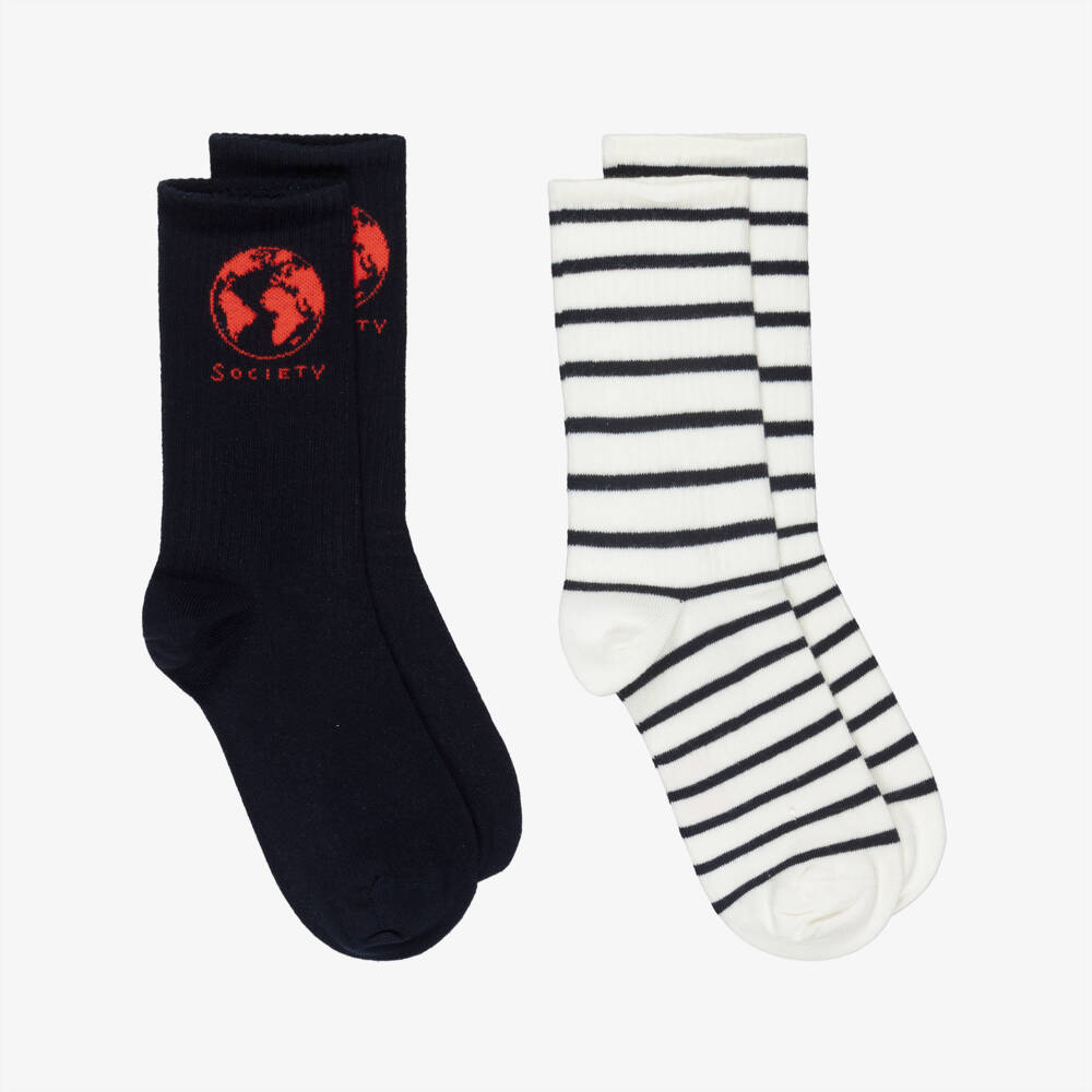 Mini Rodini-Navy Blue & White Cotton Socks (2 Pack) | Childrensalon Outlet