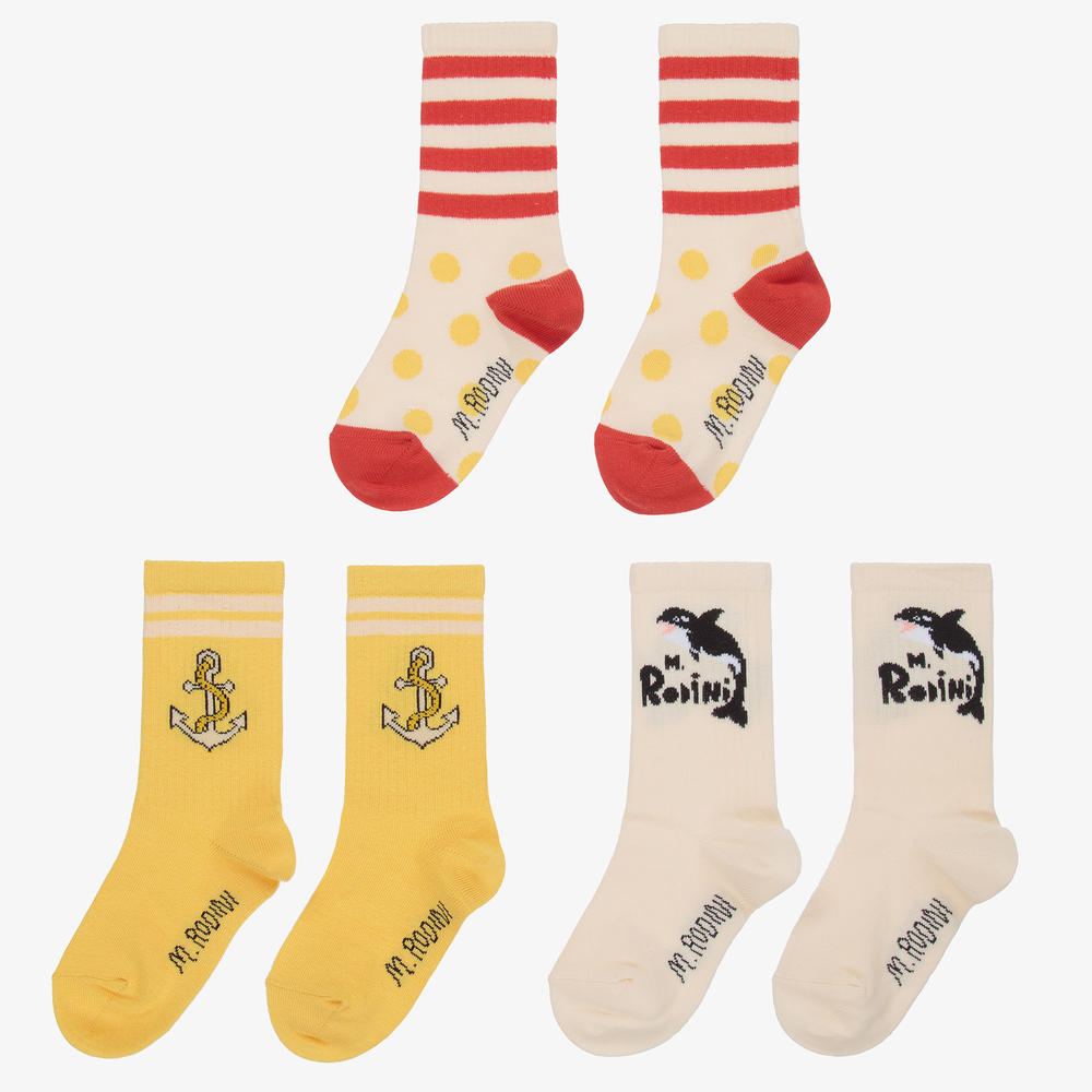 ميني روديني-جوارب قطن عضوي لون أصفر وبيج وأبيض (عدد 3) | Childrensalon Outlet