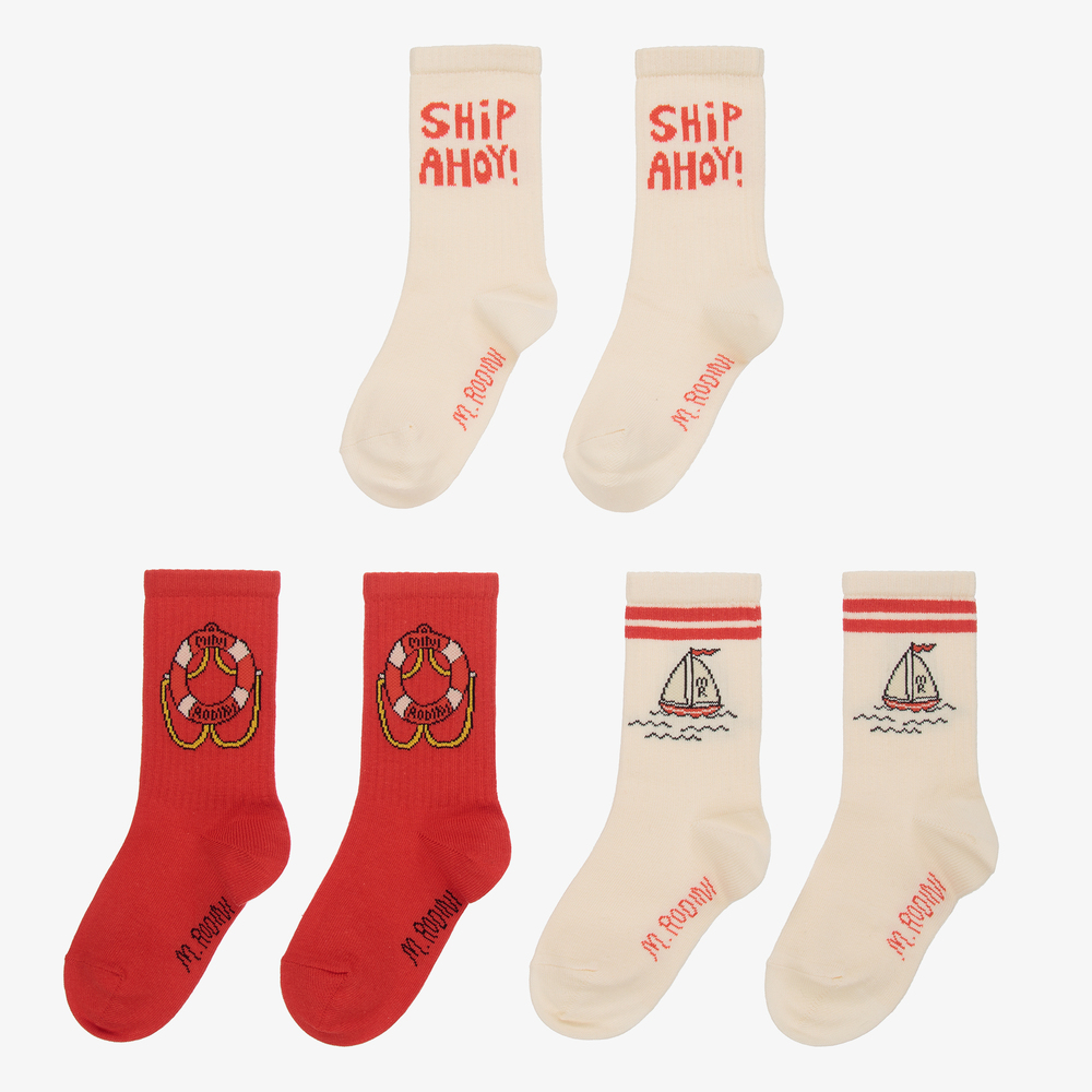 ميني روديني-جوارب قطن عضوي لون أحمر وبيج (عدد 3) | Childrensalon Outlet