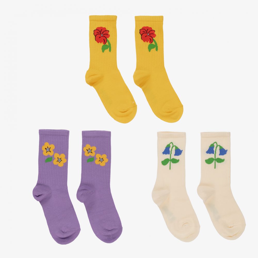 ميني روديني-جوارب قطن عضوي لون أصفر وعاجي وأرجواني (عدد 3) | Childrensalon Outlet