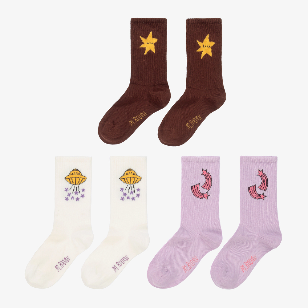 ميني روديني-جوارب مزيج قطن عضوي لون أصفر وكحلي وبيج للبنات (عدد 3) | Childrensalon Outlet