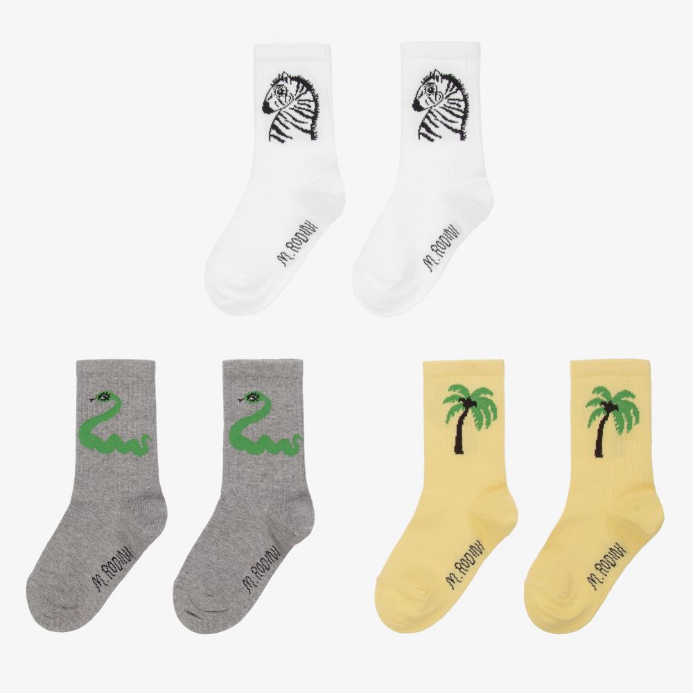 ميني روديني-جوارب قطن عضوي لون أصفر وأبيض ورمادي (عدد 3) | Childrensalon Outlet