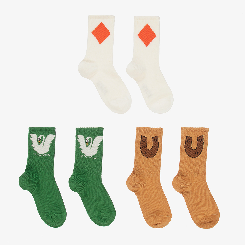 ميني روديني-جوارب قطن عضوي لون عاجي وبني وأخضر (عدد 3) | Childrensalon Outlet