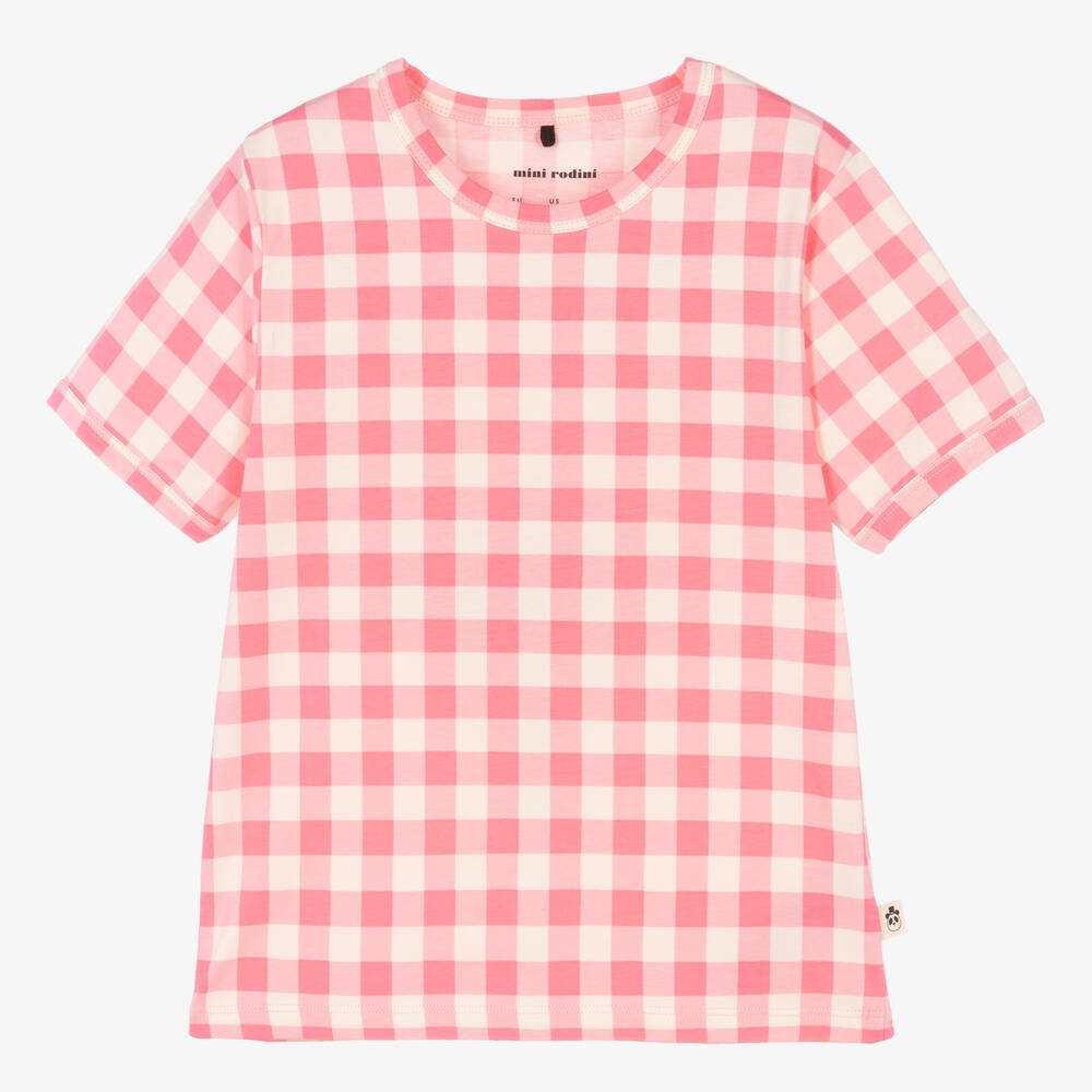 Mini Rodini - Pink Check Cotton T-Shirt | Childrensalon