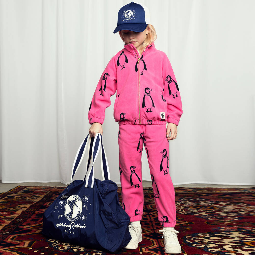 Mini Rodini-Pink Penguin Print Fleece Joggers | Childrensalon Outlet
