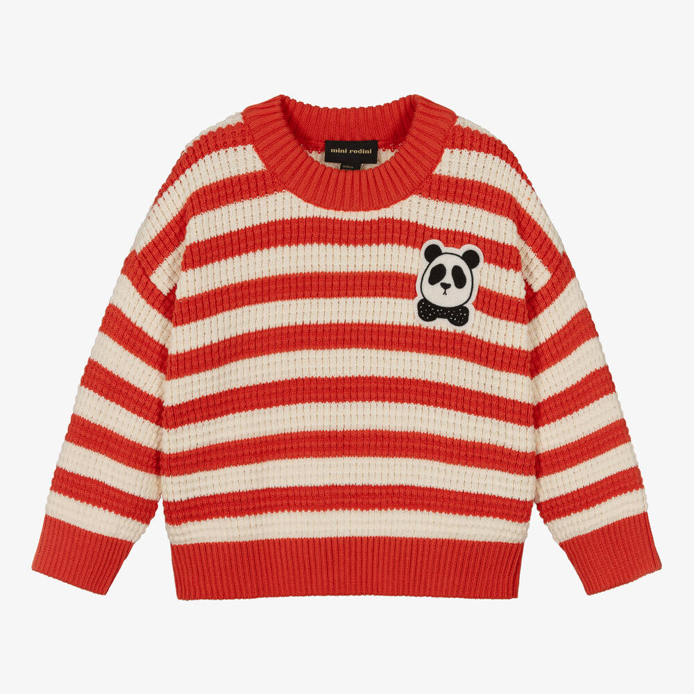 Mini Rodini-كنزة قطن عضوي محبوك لون أحمر وعاجي | Childrensalon Outlet
