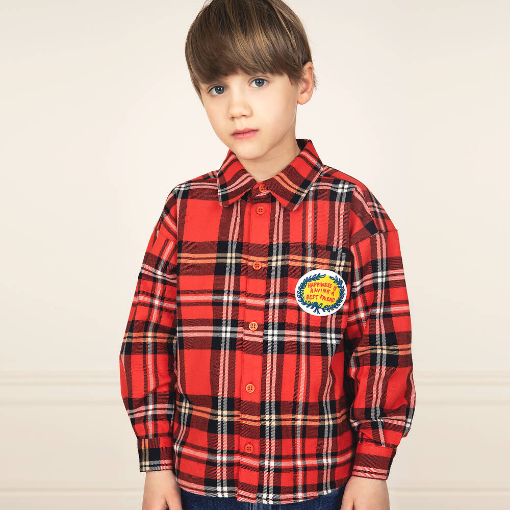ميني روديني-قميص تارتان قطن عضوي فلانيل كاروهات لون أحمر | Childrensalon Outlet