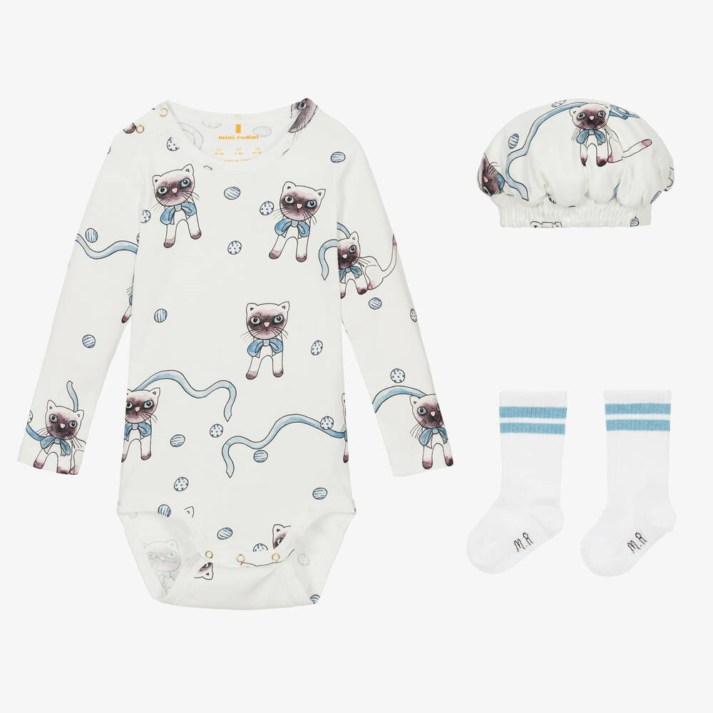Mini Rodini-طقم أوفرول بادي قطن عضوي لون أبيض للأطفال - 3 قطع | Childrensalon Outlet