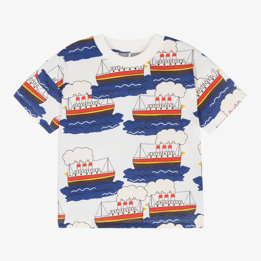 Mini Rodini-Белая футболка из органического хлопка с паромами | Childrensalon Outlet