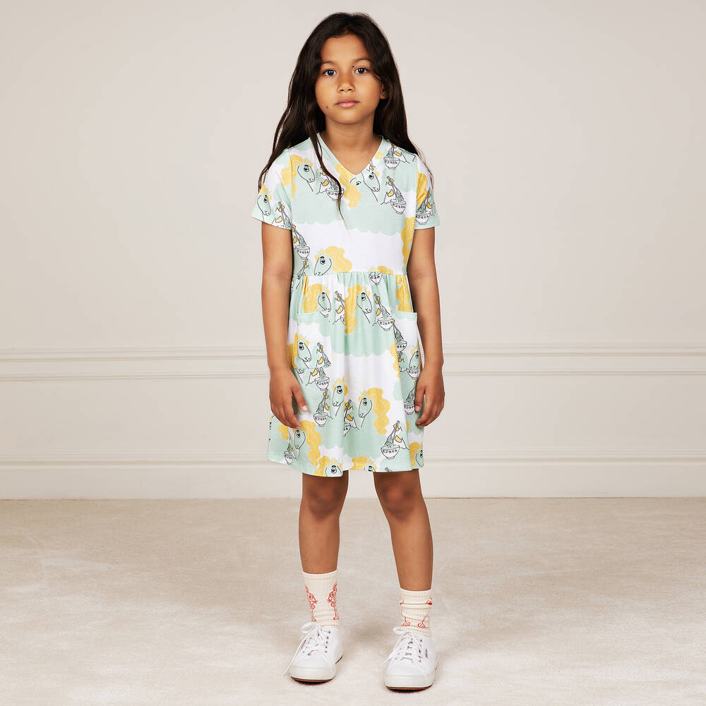 Mini Rodini-White & Green Unicorn Dress | Childrensalon Outlet