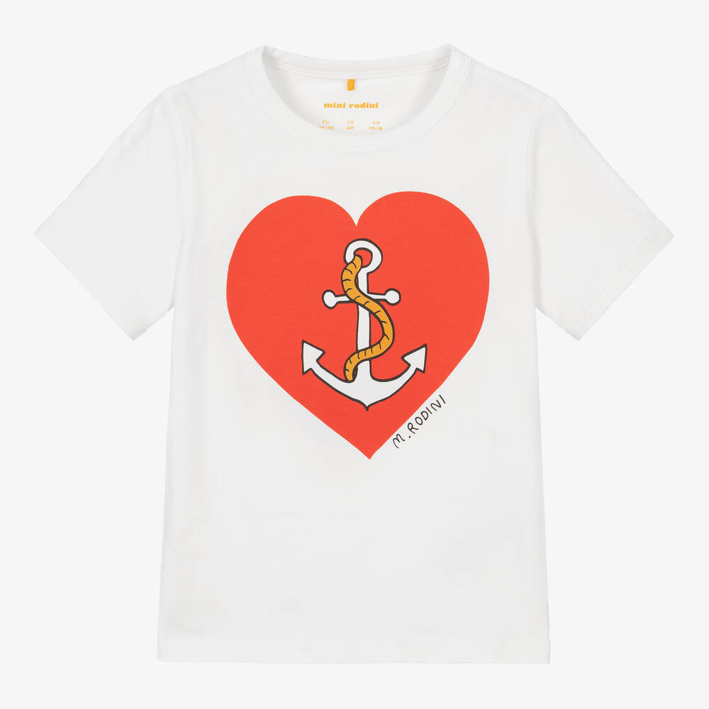 Mini Rodini - White Organic Cotton Heart T-Shirt | Childrensalon