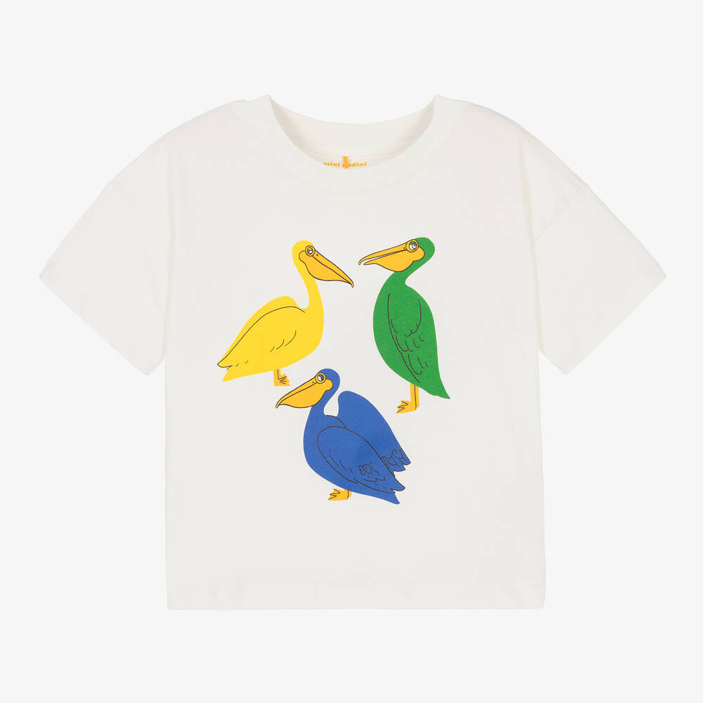 Mini Rodini - White Organic Cotton Pelican T-Shirt | Childrensalon