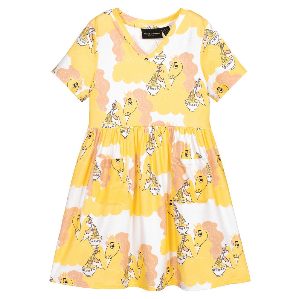 Mini Rodini - Kleid mit Einhörnern in Weiß und Gelb | Childrensalon