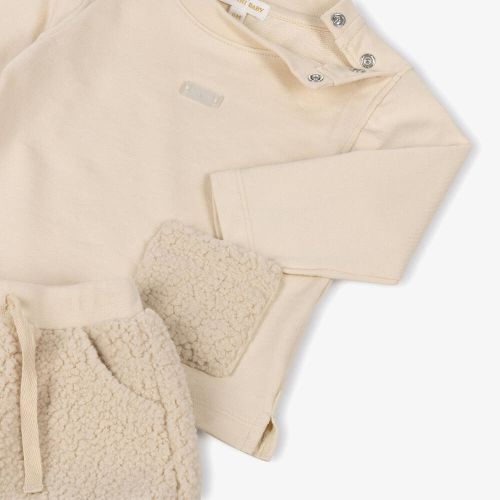 Mintini Baby-Baby Boys Beige Cotton Jersey & Fleece Shorts Set | Childrensalon Outlet