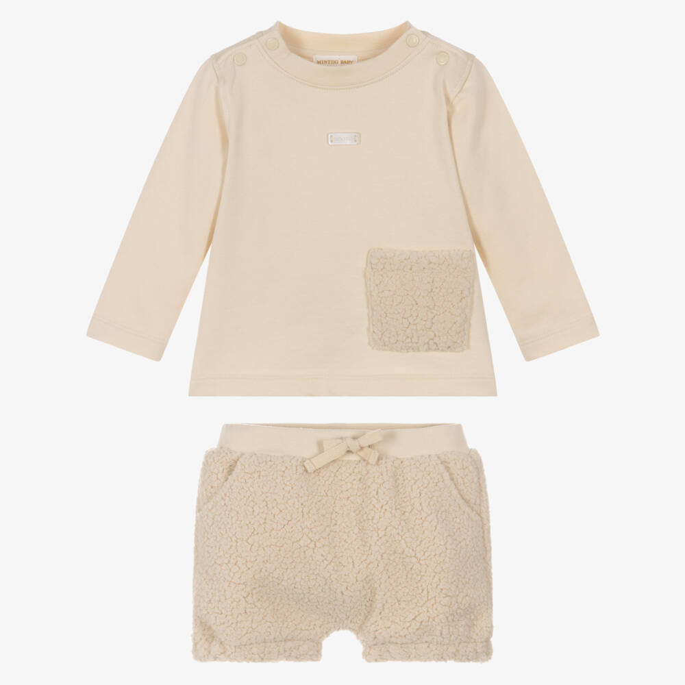 Mintini Baby-Baby Boys Beige Cotton Jersey & Fleece Shorts Set | Childrensalon Outlet