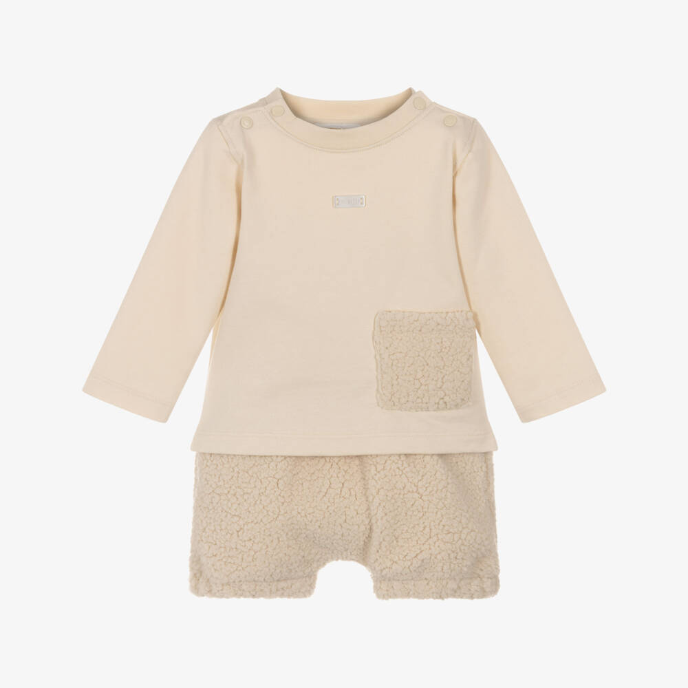 Mintini Baby-Baby Boys Beige Cotton Jersey & Fleece Shorts Set | Childrensalon Outlet