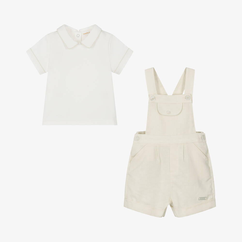 Mintini Baby Baby Boys Beige Dungaree Shorts Set Childrensalon Outlet