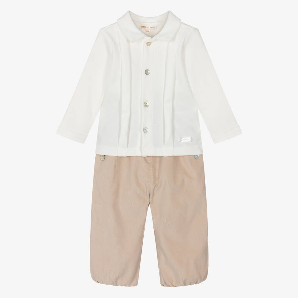 Mintini Baby-Baby Boys Beige & Ivory Cotton Jersey Trouser Set  | Childrensalon Outlet