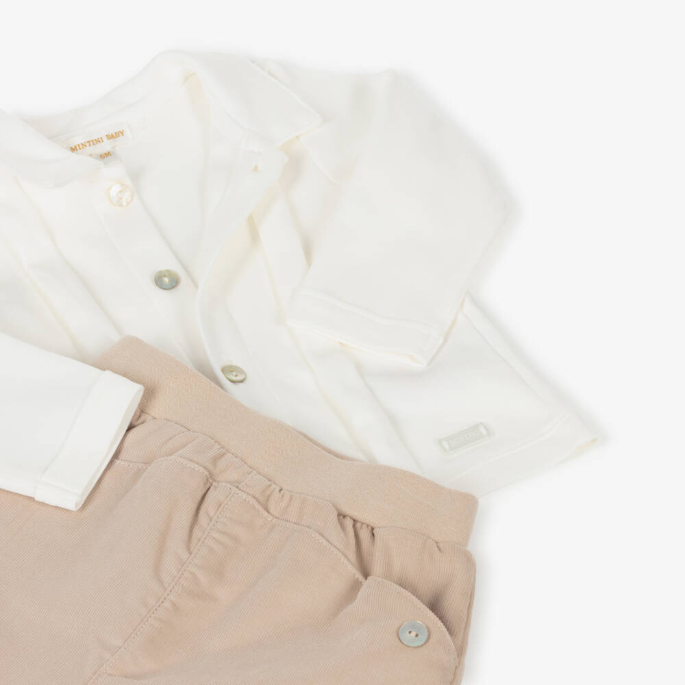 Mintini Baby-Baby Boys Beige & Ivory Cotton Jersey Trouser Set  | Childrensalon Outlet