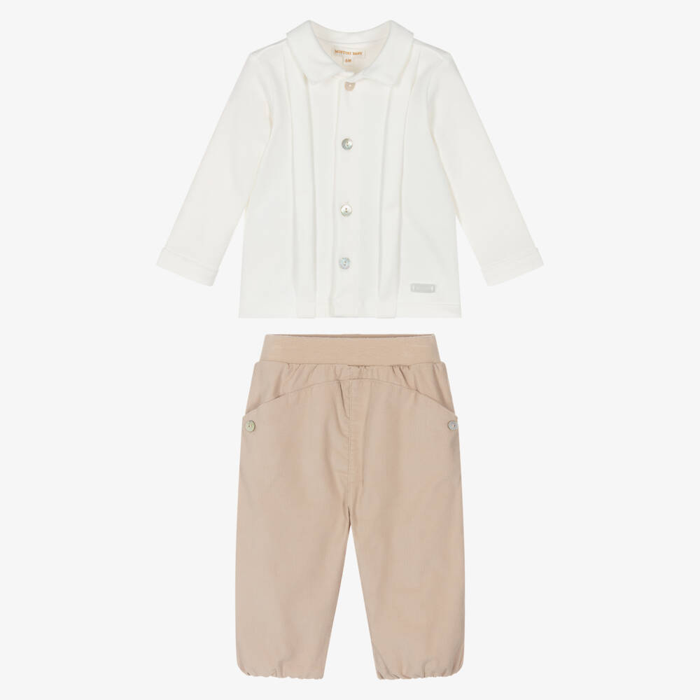 Mintini Baby-Baby Boys Beige & Ivory Cotton Jersey Trouser Set  | Childrensalon Outlet