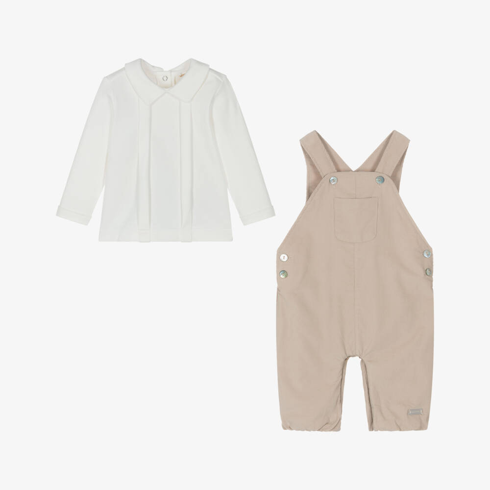 Mintini Baby-Baby Boys Beige & Ivory Jersey & Needlecord Dungaree Set | Childrensalon Outlet