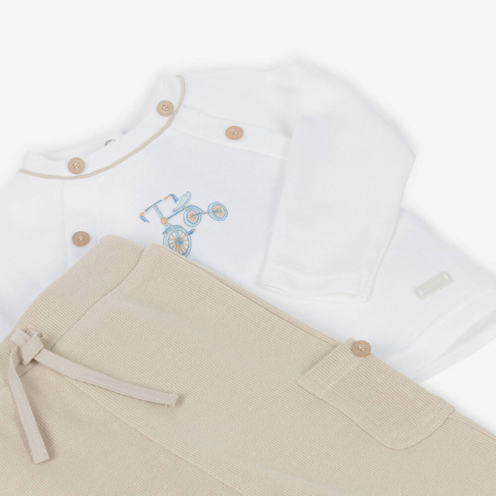 Mintini Baby-Baby Boys Beige & White Cotton Jersey Trouser Set | Childrensalon Outlet