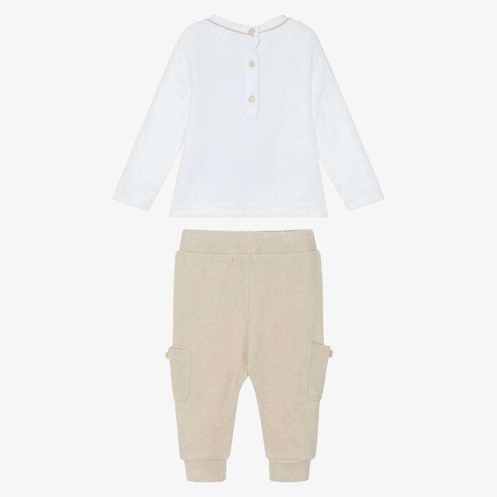 Mintini Baby-Baby Boys Beige & White Cotton Jersey Trouser Set | Childrensalon Outlet