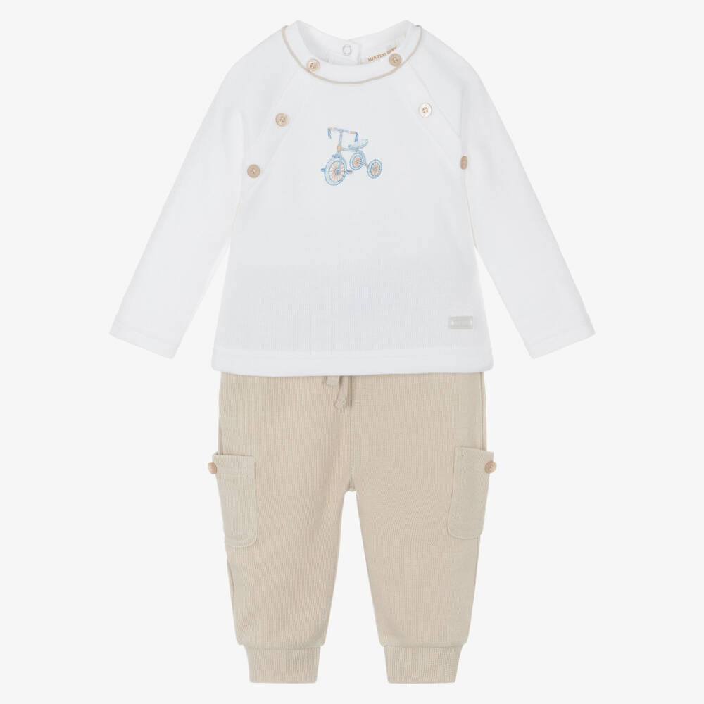 Mintini Baby-Baby Boys Beige & White Cotton Jersey Trouser Set | Childrensalon Outlet