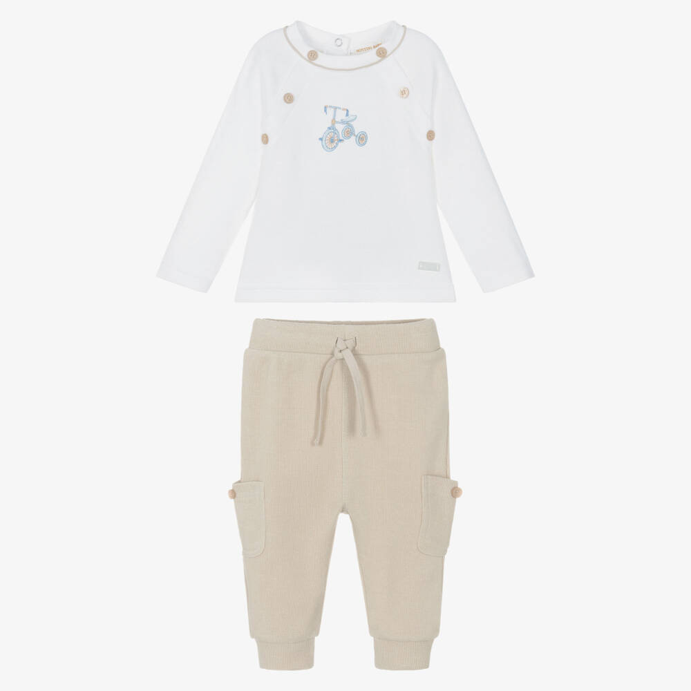 Mintini Baby-Baby Boys Beige & White Cotton Jersey Trouser Set | Childrensalon Outlet