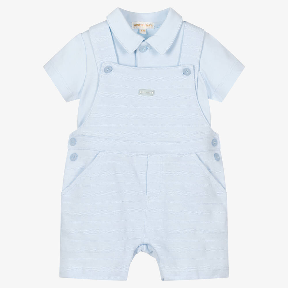 Mintini Baby - Baby Boys Blue Cotton Dungaree Shorts Set | Childrensalon