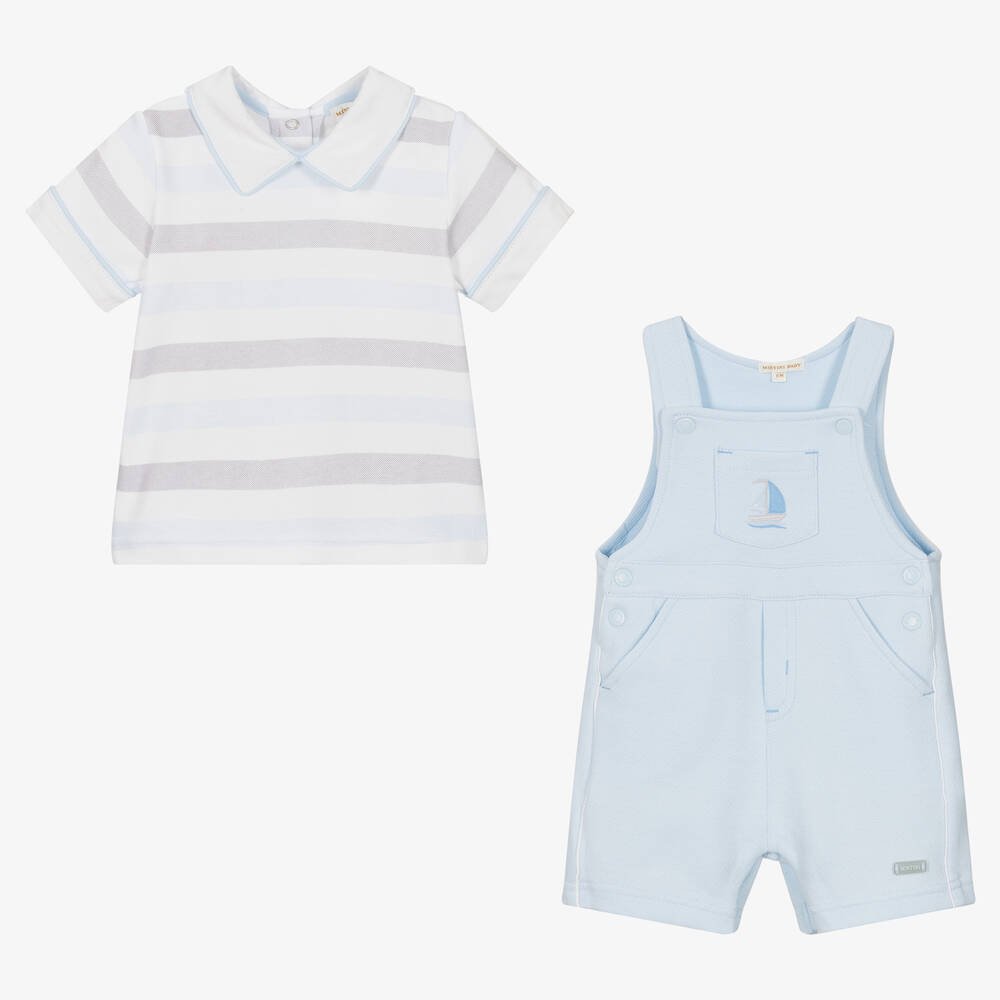Mintini Baby-Baby Boys Blue Cotton Dungaree Shorts Set | Childrensalon Outlet