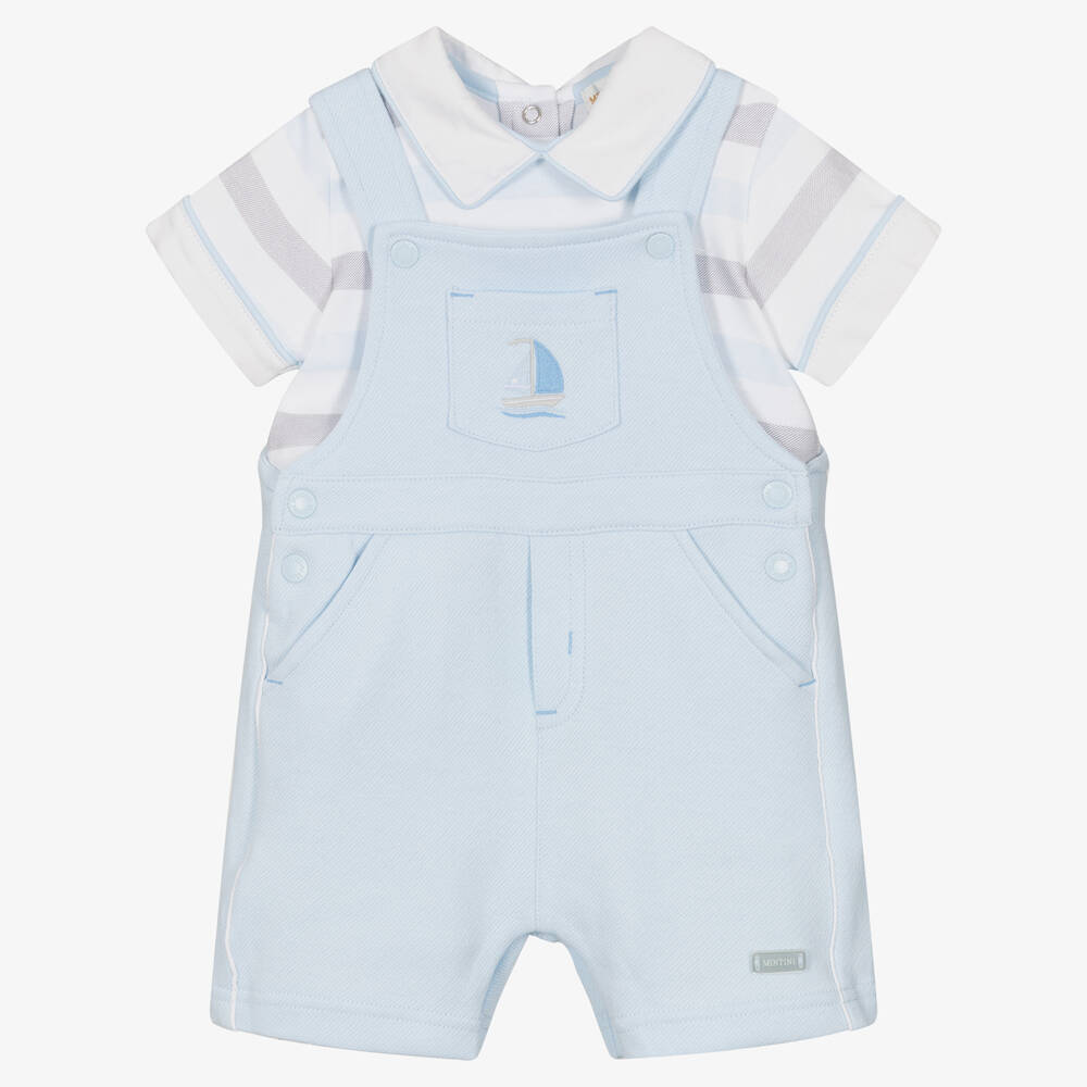 Mintini Baby - Baby Boys Blue Cotton Dungaree Shorts Set | Childrensalon