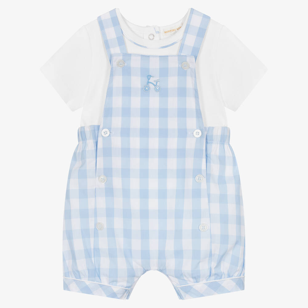 Mintini Baby - Baby Boys Blue Cotton Dungaree Shorts Set | Childrensalon