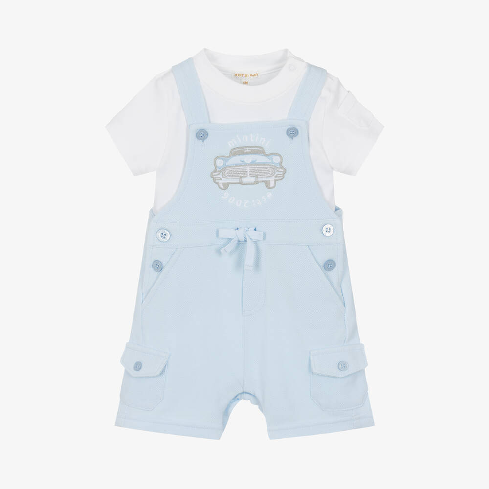 Mintini Baby-Baby Boys Blue Cotton Dungaree Shorts Set | Childrensalon Outlet