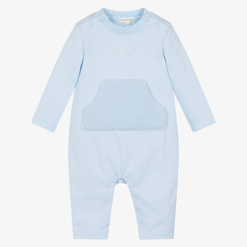 Mintini Baby-Baby Boys Blue Cotton Romper with Teddy Fleece Detailing | Childrensalon Outlet