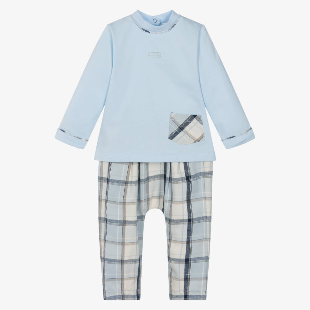 Mintini Baby-Baby Boys Blue Cotton Tartan Trouser Set | Childrensalon Outlet