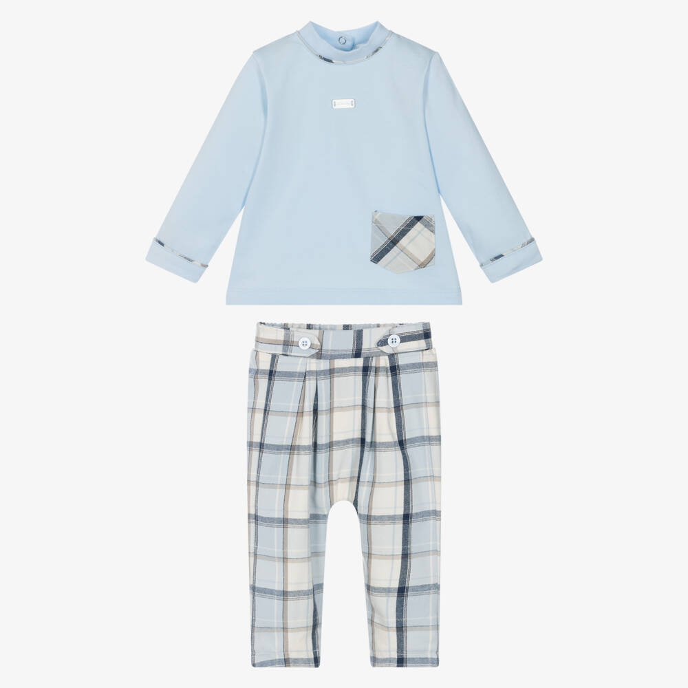 Mintini Baby-Baby Boys Blue Cotton Tartan Trouser Set | Childrensalon Outlet