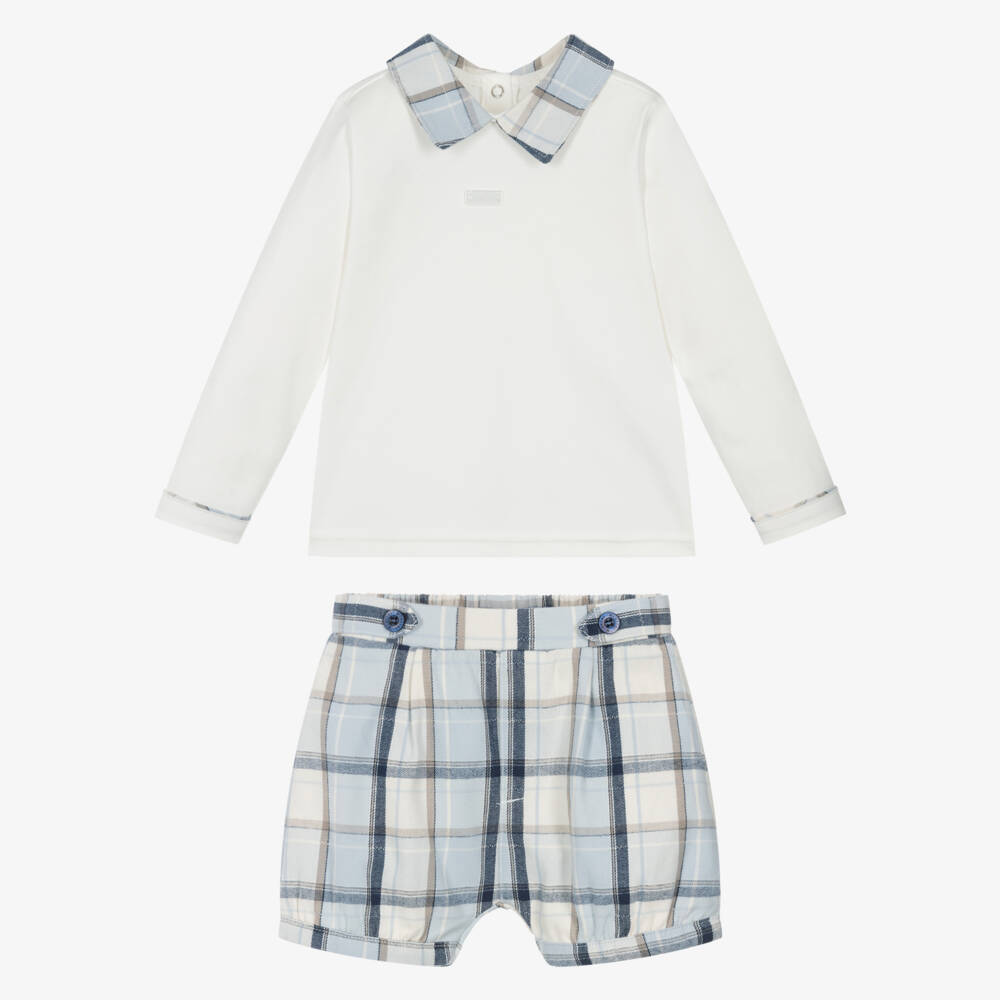 Mintini Baby-Baby Boys Blue & Ivory Check Cotton Shorts Set | Childrensalon Outlet