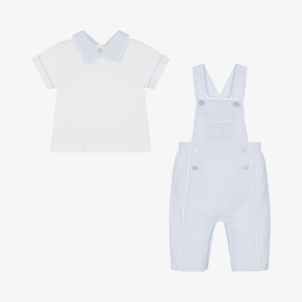 Mintini Baby-Baby Boys Blue Striped Cotton Dungaree Set | Childrensalon Outlet
