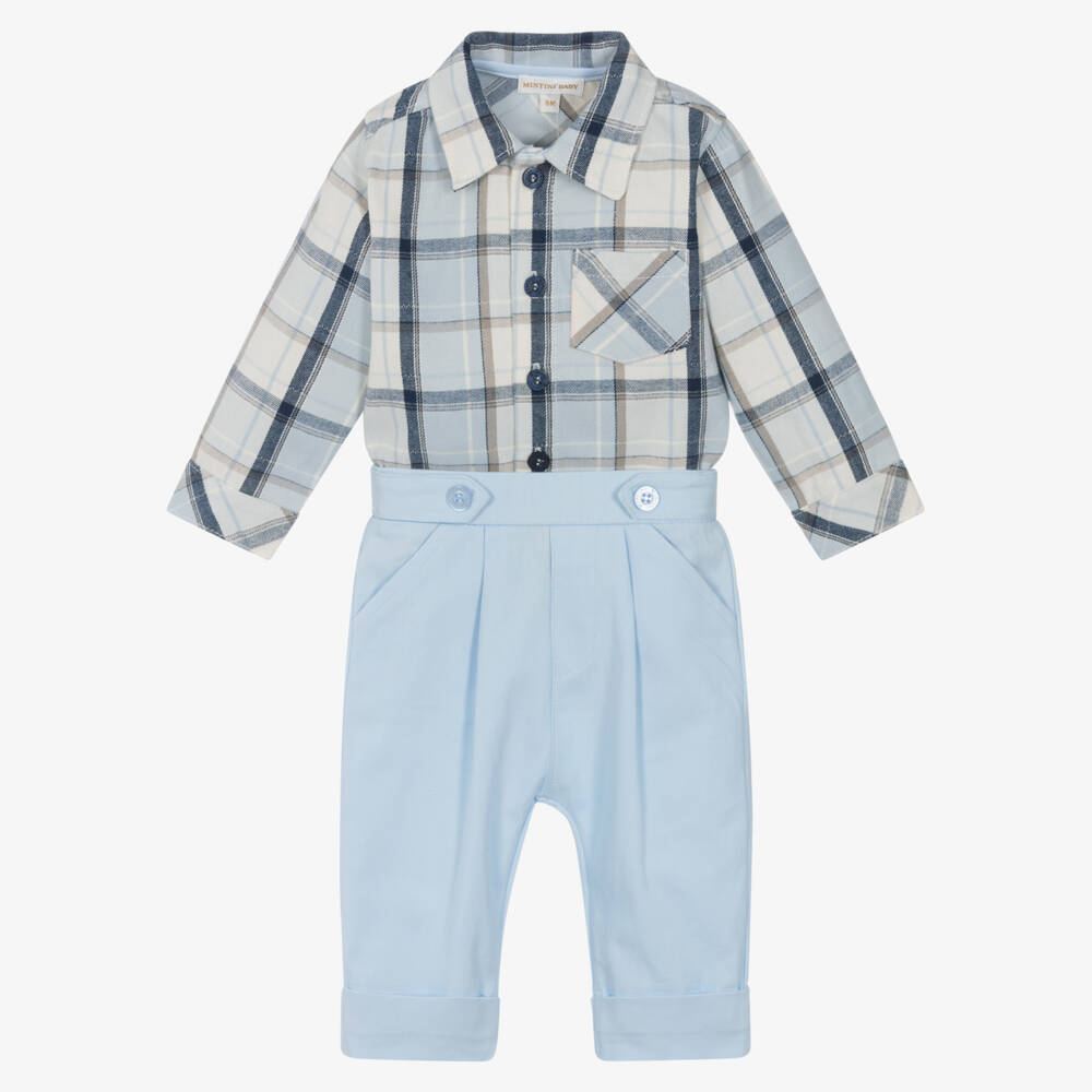 Mintini Baby-Baby Boys Blue Tartan Shirt & Trouser Set | Childrensalon Outlet