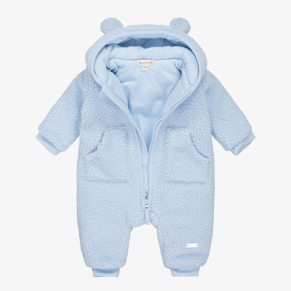 Mintini Baby-Baby Boys Blue Teddy Fleece Pramsuit | Childrensalon Outlet