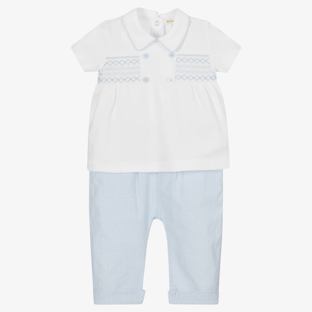 Mintini Baby - Baby Boys Blue & White Cotton Shorts Set | Childrensalon