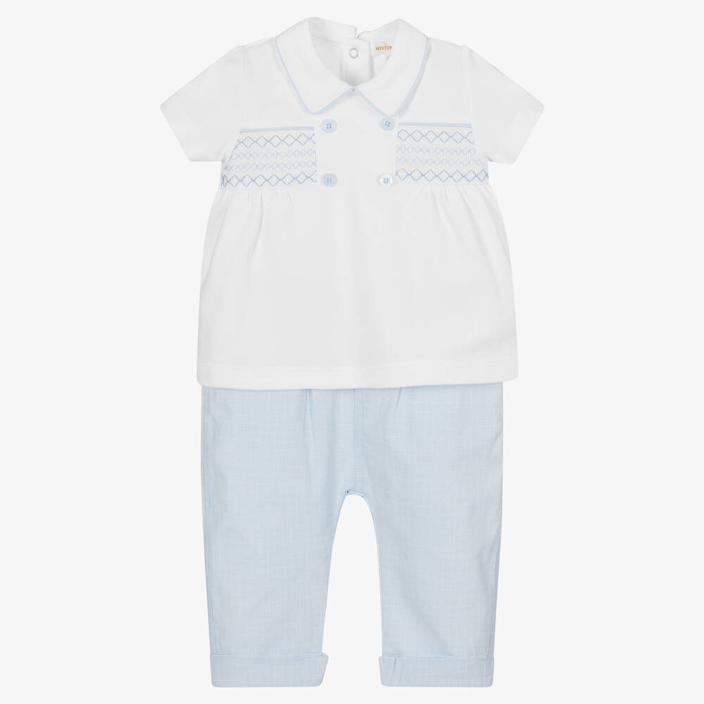 Mintini Baby-Baby Boys Blue & White Cotton Shorts Set | Childrensalon Outlet