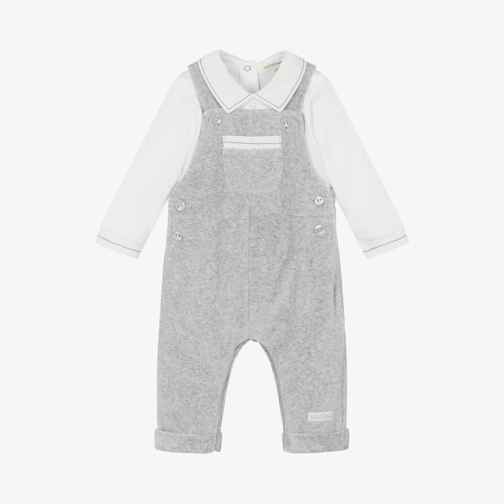 Mintini Baby-Baby Boys Grey Velour Dungaree Set | Childrensalon Outlet
