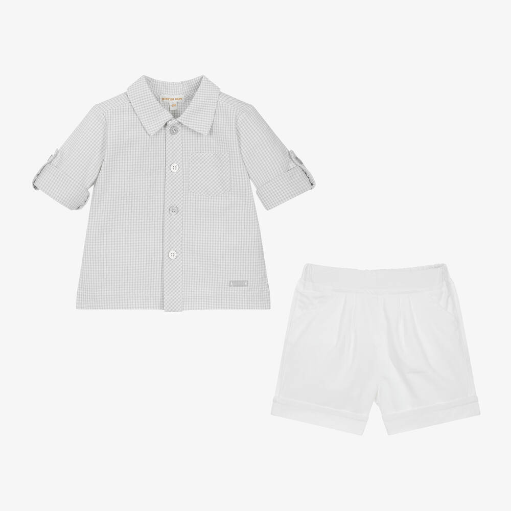 Mintini Baby-Baby Boys Grey & White Cotton Shorts Set | Childrensalon Outlet