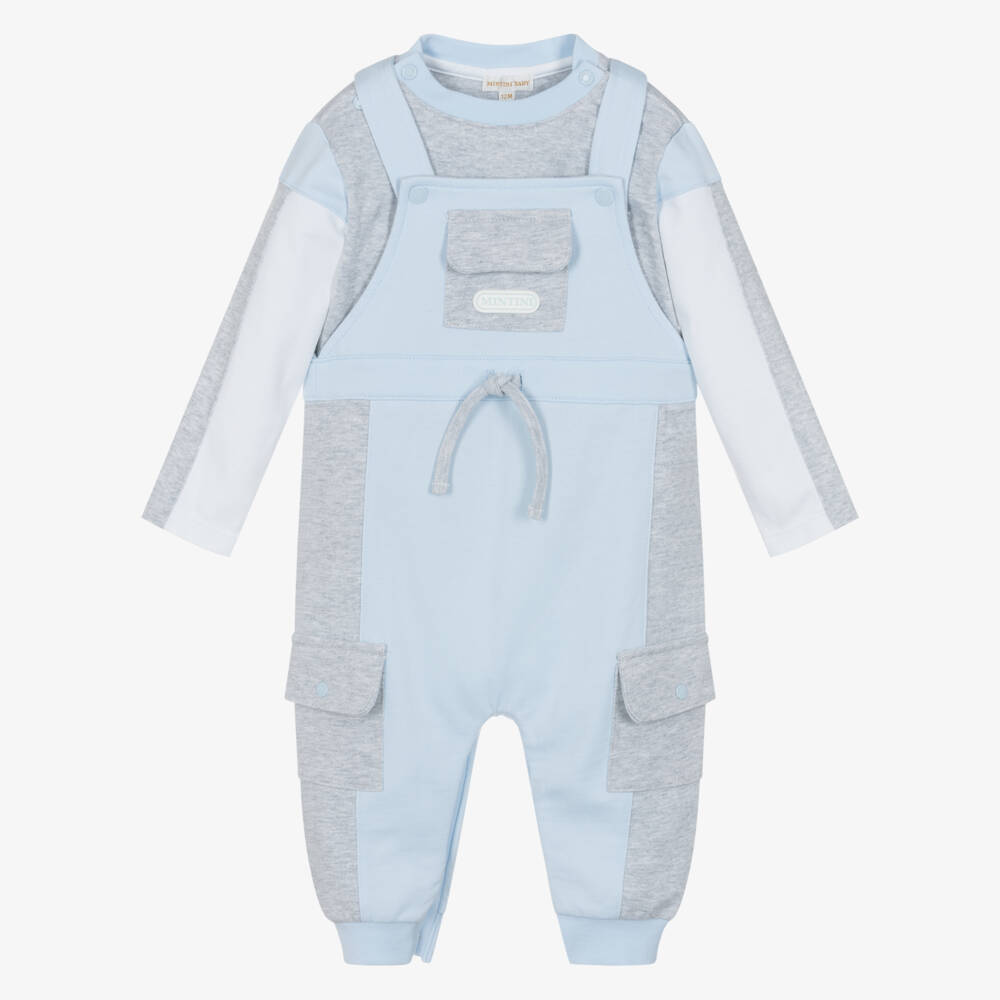 Mintini Baby-Baby Boys Pale Blue & Grey Dunagrees Set | Childrensalon Outlet