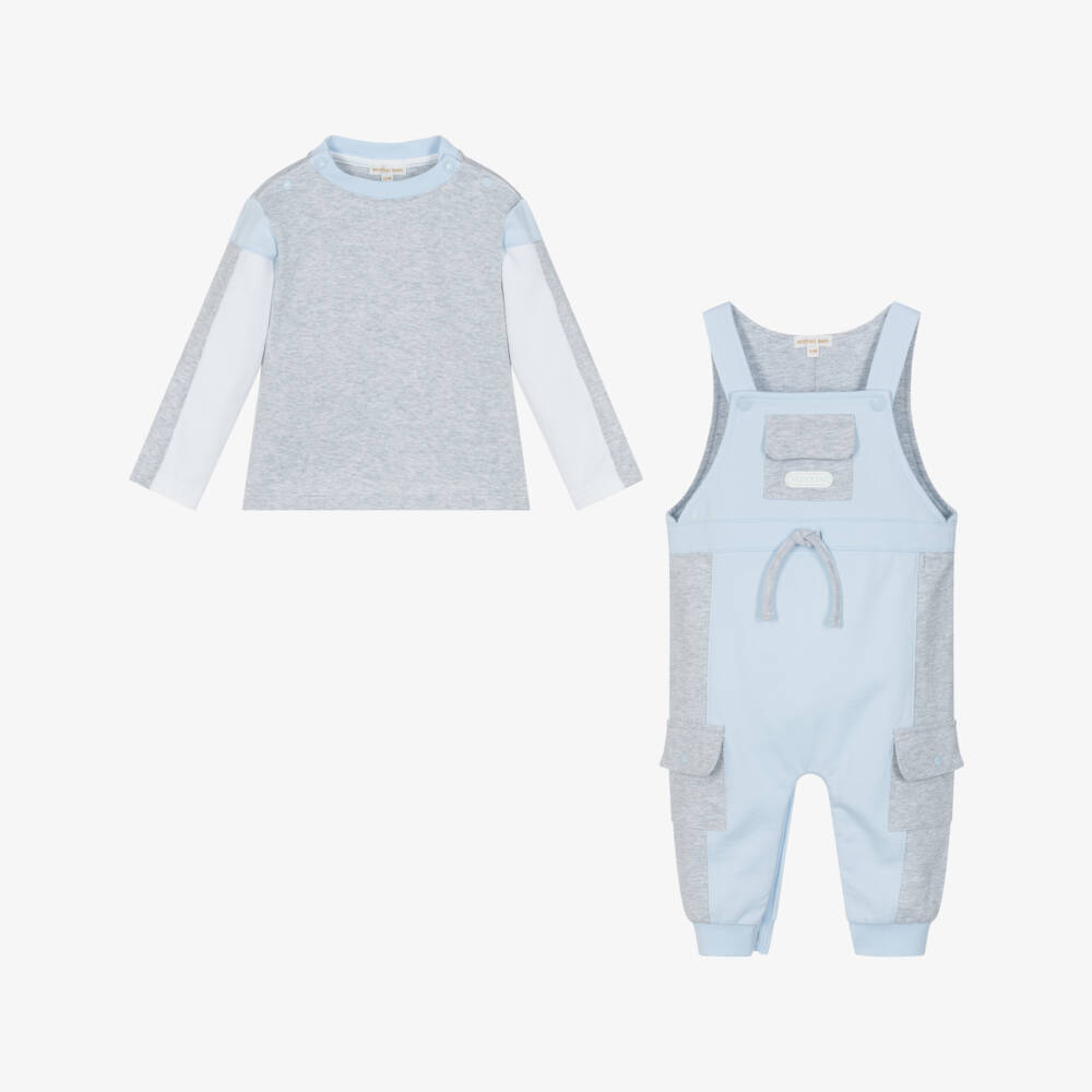 Mintini Baby-Baby Boys Pale Blue & Grey Dunagrees Set | Childrensalon Outlet