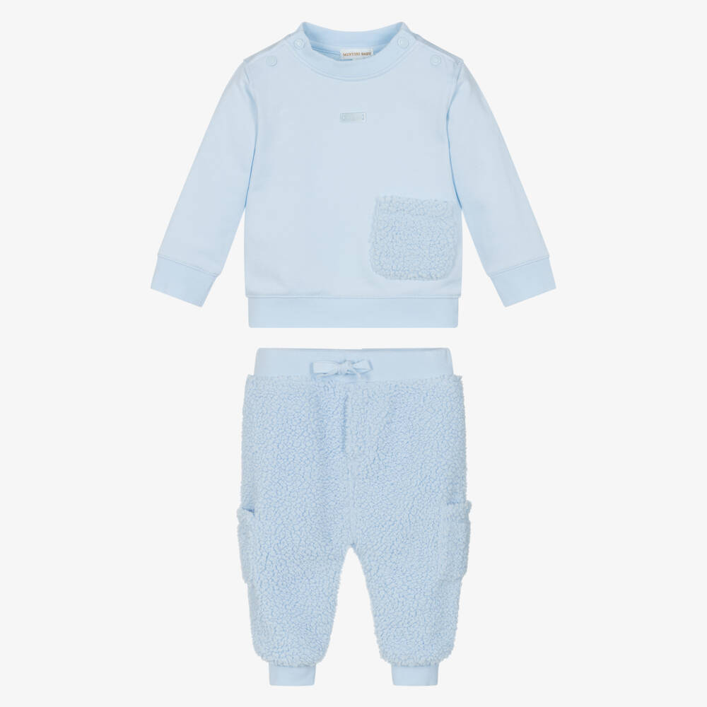 Mintini Baby-Baby Boys Pale Blue Teddy Fleece Trouser Set | Childrensalon Outlet