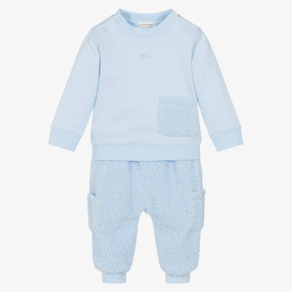 Mintini Baby-Baby Boys Pale Blue Teddy Fleece Trouser Set | Childrensalon Outlet