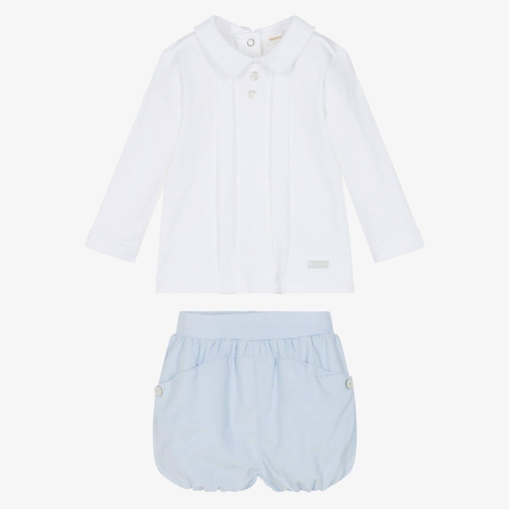 Mintini Baby-Baby Boys White & Blue Corduroy Shorts Set | Childrensalon Outlet